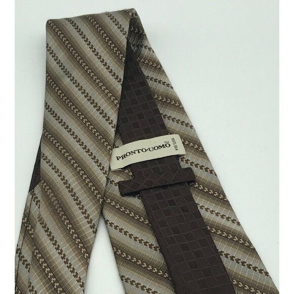 PRONTO UOMO Men's Neck Tie Brown Tan and Gray Shades 4 X 60 inches Silk Tie - Picture 4 of 5